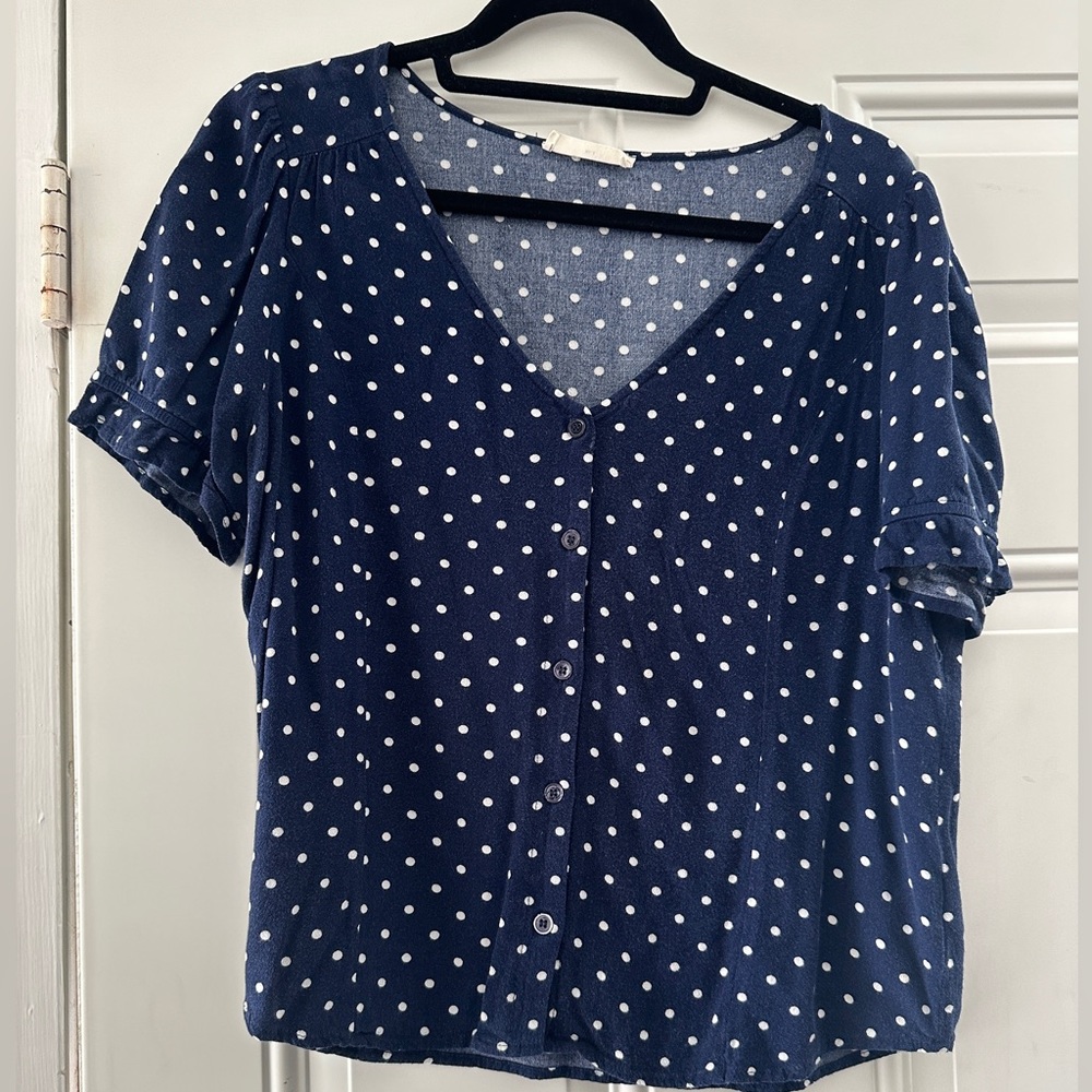 Elodie navy blue polka dot button down top